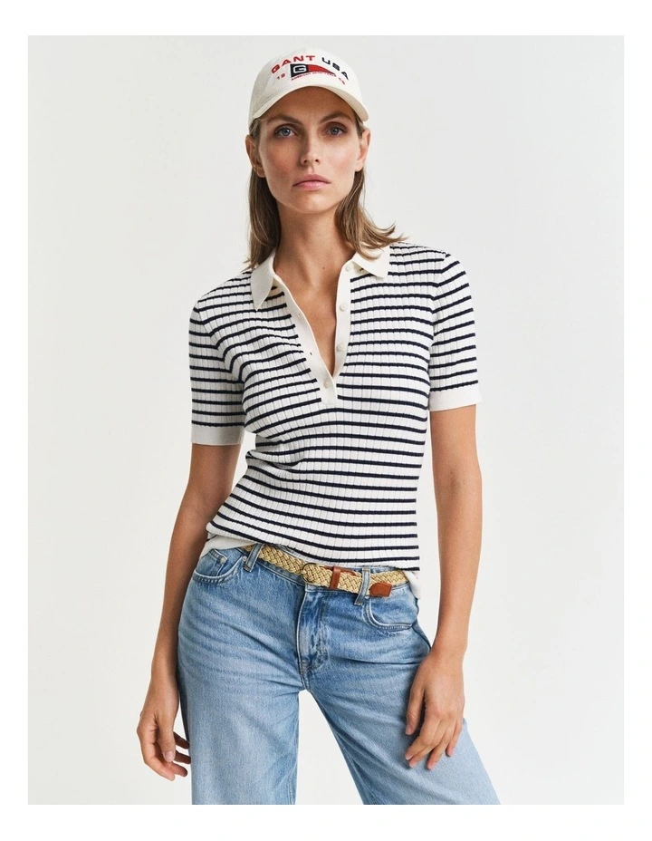 Striped Rib Knit Short Sleeve Rugger in Evening Blue image 1