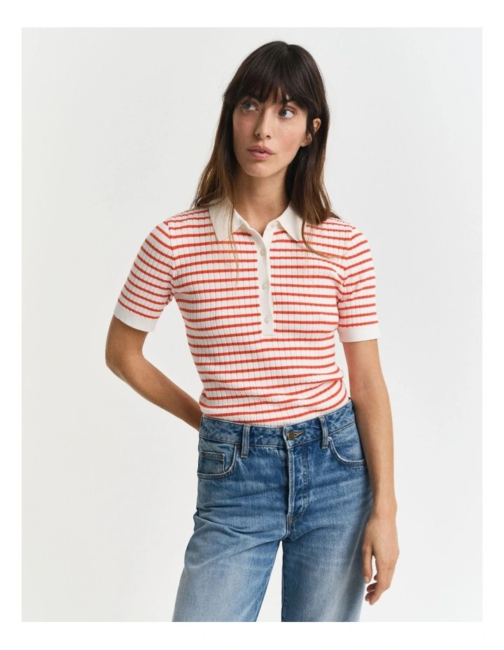 Striped Rib Knit Short Sleeve Rugger in Red image 1
