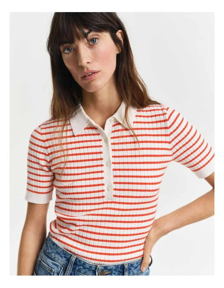 Striped Rib Knit Short Sleeve Rugger in Red image 3