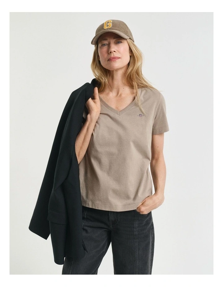 Regular Shield V-Neck T-shirt in Taupe Beige image 1