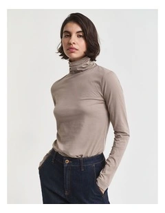 Lightweight Cotton Turtleneck Top in Taupe Beige