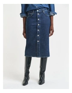 Buttoned Midi Denim Skirt in Dark Blue Worn In