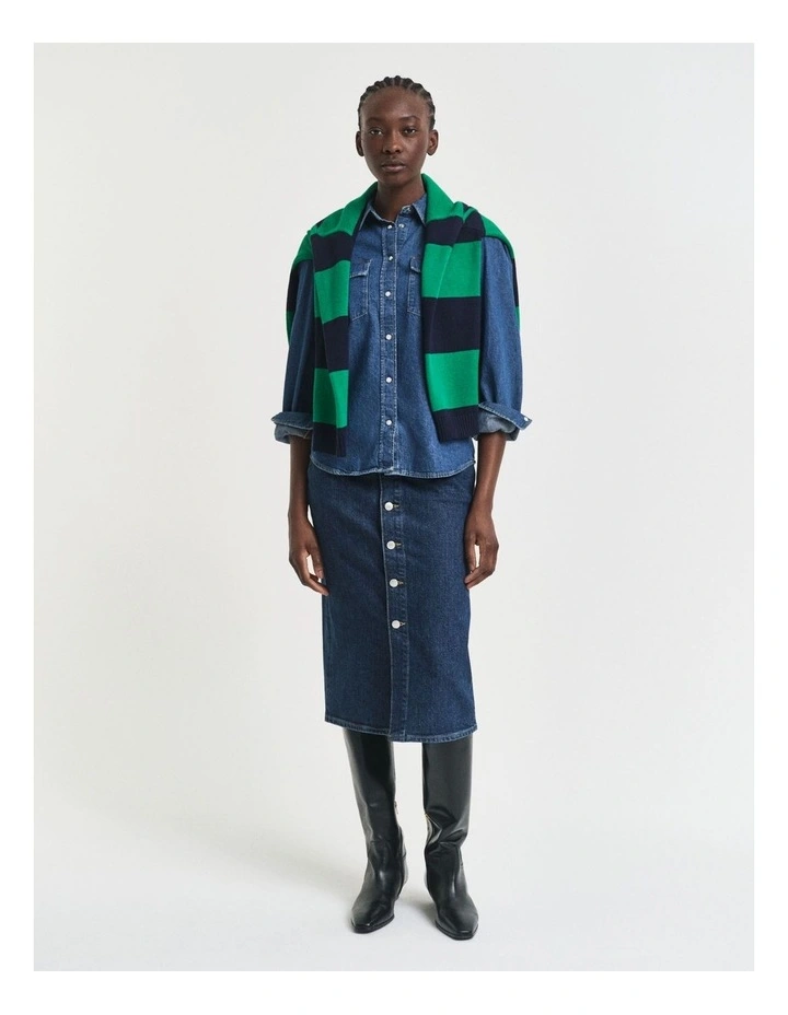 Buttoned Midi Denim Skirt in Dark Blue Worn In image 3