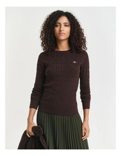 Stretch Cotton Cable Knit Crew Neck Sweater in Deep Brown