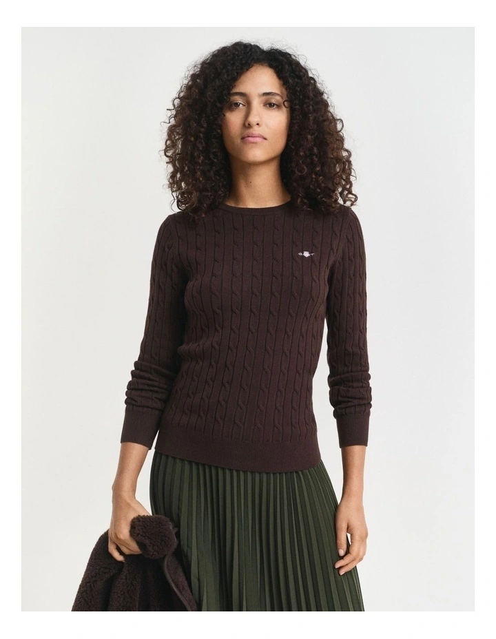 Stretch Cotton Cable Knit Crew Neck Sweater in Deep Brown image 1