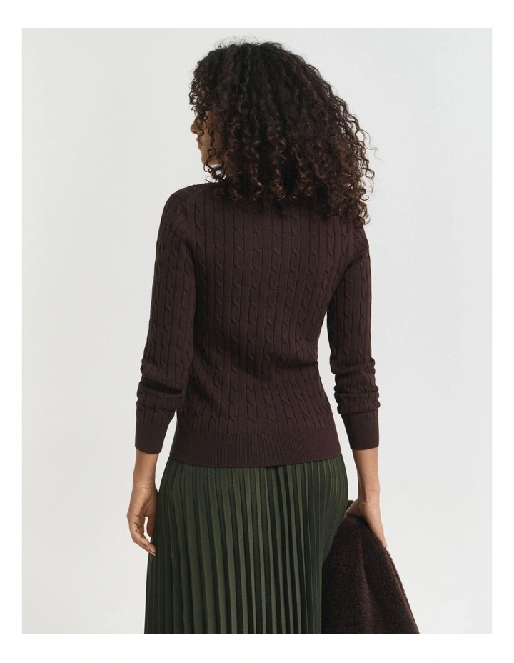 Stretch Cotton Cable Knit Crew Neck Sweater in Deep Brown image 2