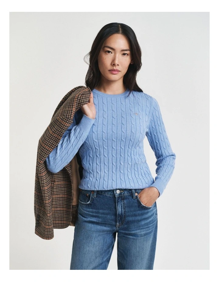 Stretch Cotton Cable Knit Crew Neck Sweater in Clear Sky image 1