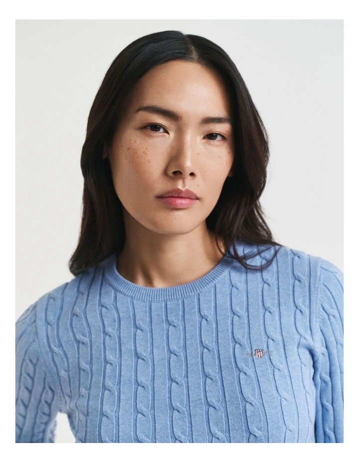 Stretch Cotton Cable Knit Crew Neck Sweater in Clear Sky image 4