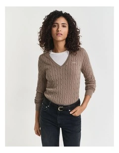 Stretch Cotton Cable V-Neck Knit Top in Taupe Beige