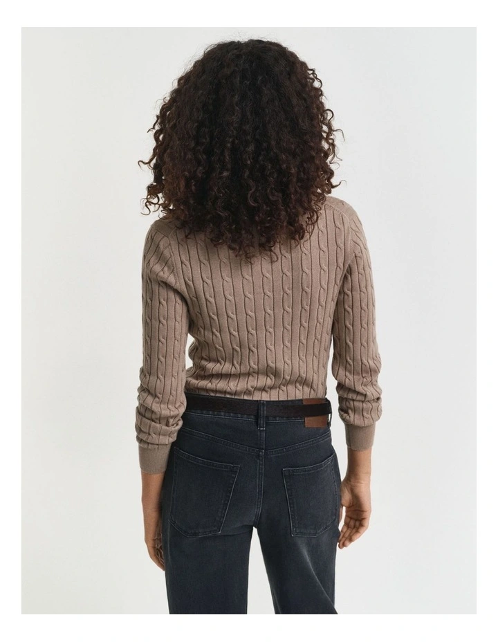 Stretch Cotton Cable Knit V-Neck Knit in Taupe Beige image 2