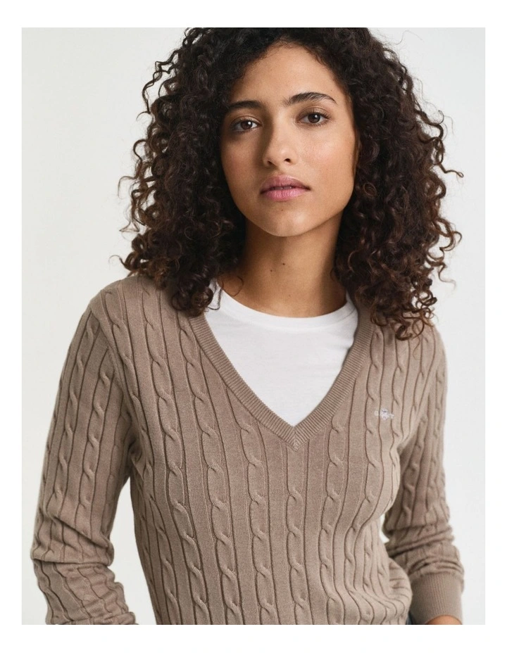 Stretch Cotton Cable Knit V-Neck Knit in Taupe Beige image 3