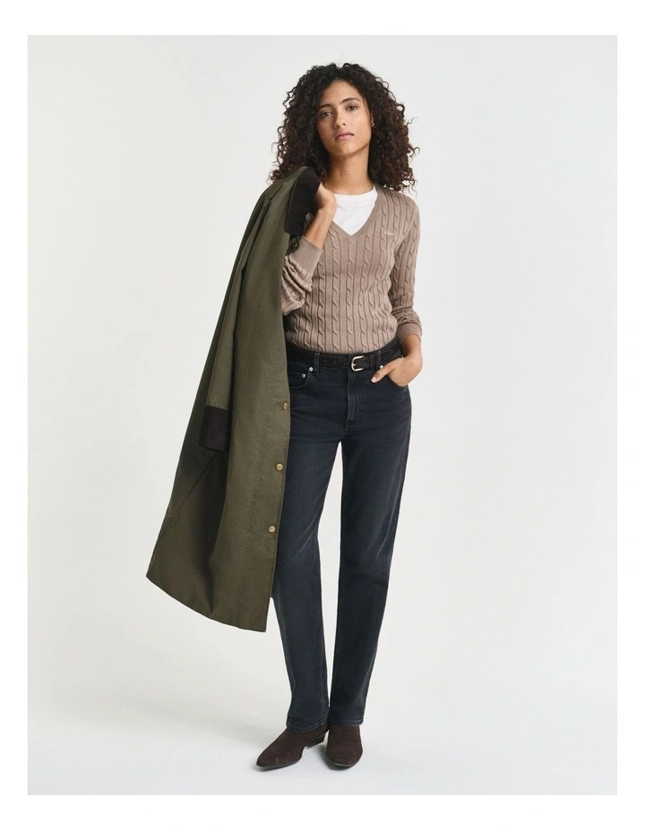 Stretch Cotton Cable Knit V-Neck Knit in Taupe Beige image 4