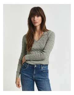 Stretch Cotton Cable V-Neck Knit Top in Faded Sage