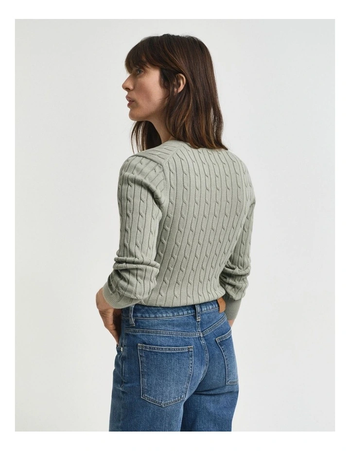 Stretch Cotton Cable Knit V-Neck Knit in Faded Sage image 2