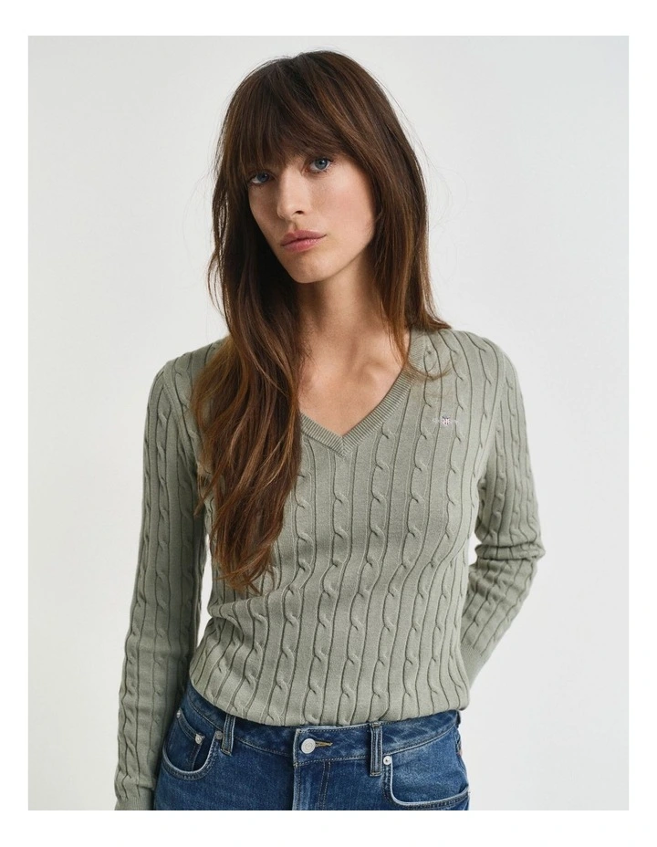 Stretch Cotton Cable Knit V-Neck Knit in Faded Sage image 3