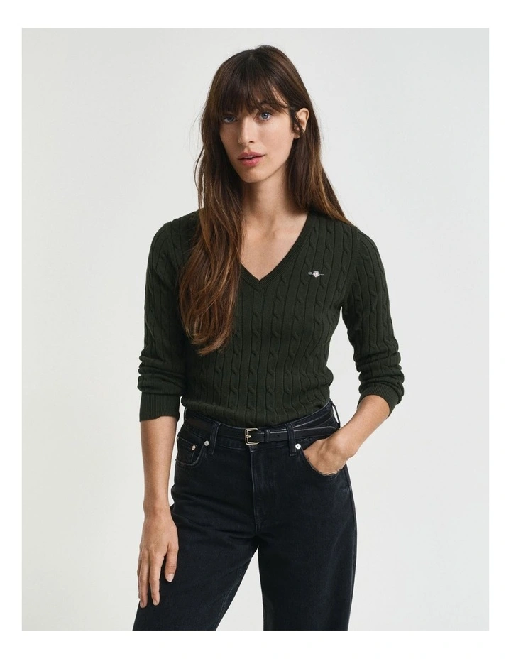 Stretch Cotton Cable Knit V-Neck Knit in Dark Moss Green image 1