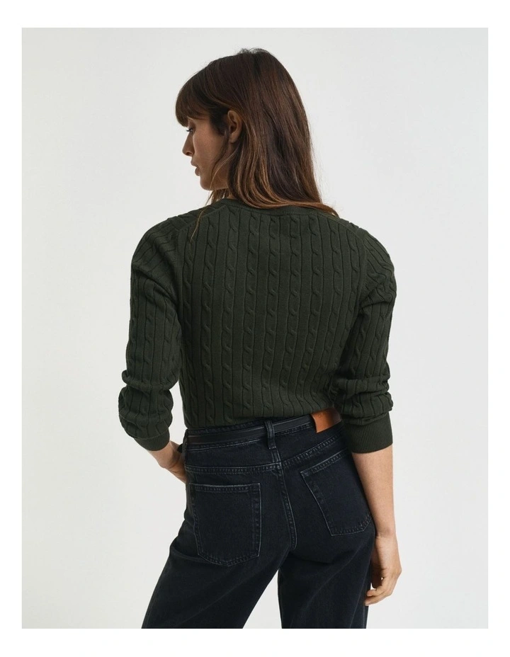 Stretch Cotton Cable Knit V-Neck Knit in Dark Moss Green image 2