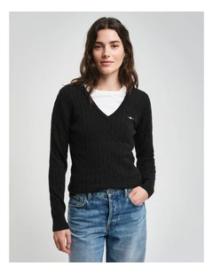 Stretch Cotton Cable V-Neck Knit Top in Black