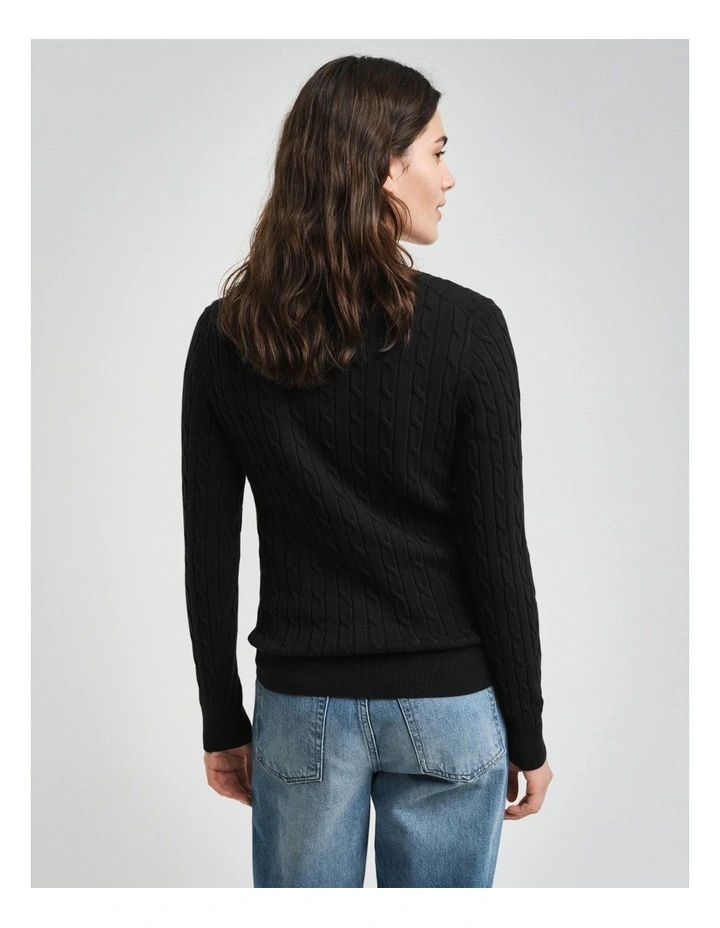 Stretch Cotton Cable Knit V-Neck Knit in Black image 2