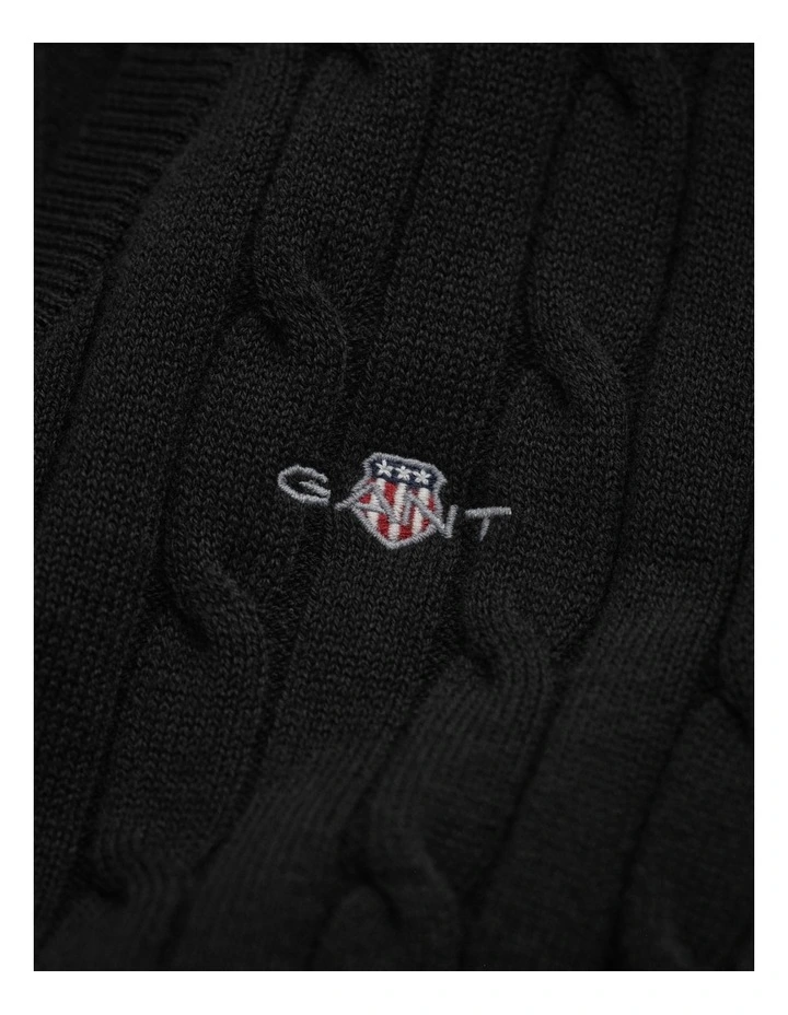 Stretch Cotton Cable Knit V-Neck Knit in Black image 3