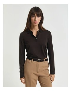 Seamless Buttoned Long Sleeve Polo Shirt in Deep Brown