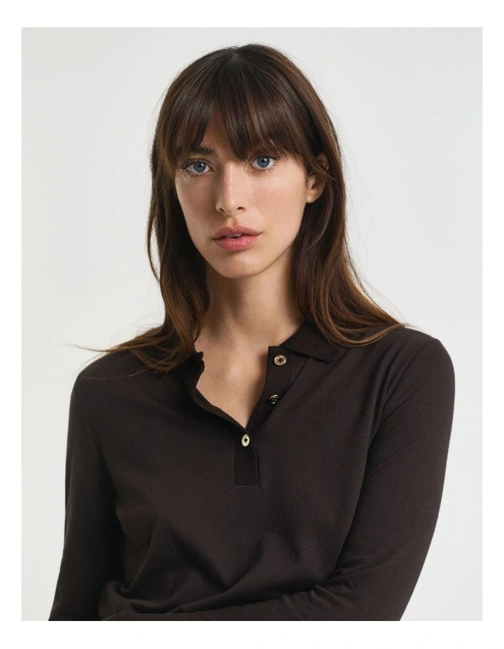 Seamless Buttoned Long Sleeve Polo Shirt in Deep Brown image 4
