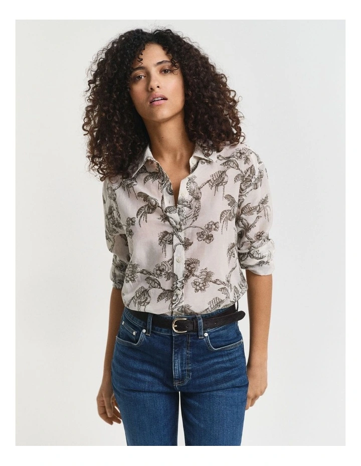 Relaxed Fit Tree Printed Cotton Silk Shirt in Dark Moss Green image 1