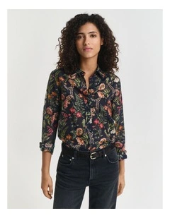 Regular Fit Floral Printed Cotton Silk Shirt in Evening Blue