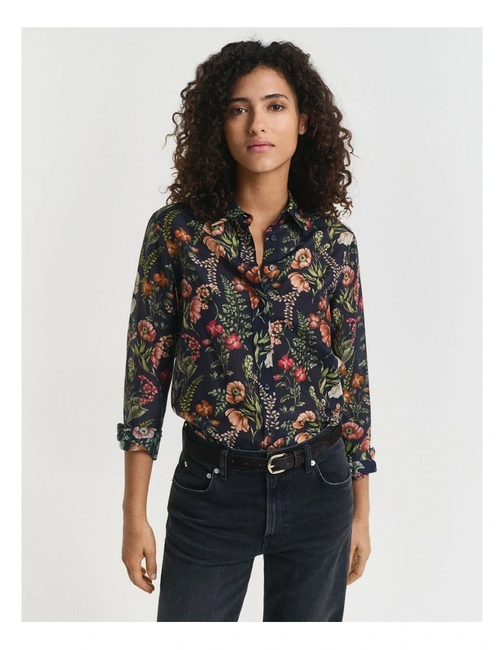 Regular Fit Floral Printed Cotton Silk Shirt in Evening Blue image 1