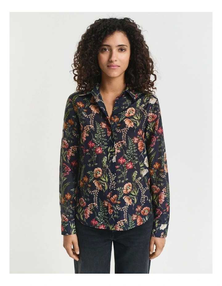 Regular Fit Floral Printed Cotton Silk Shirt in Evening Blue image 3