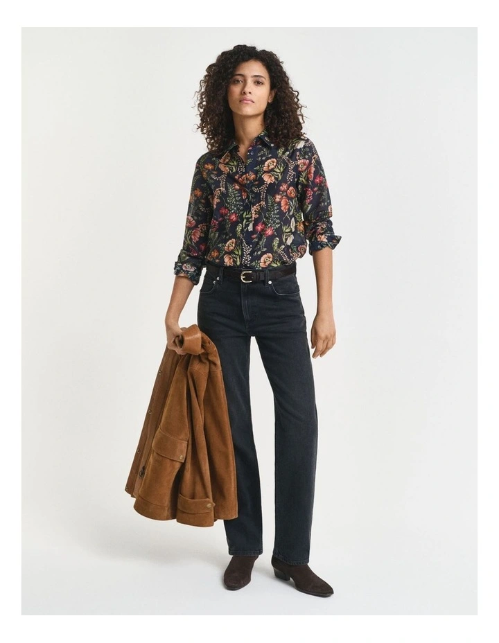 Regular Fit Floral Printed Cotton Silk Shirt in Evening Blue image 4