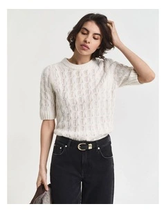 Puff Sleeve Cable Knit Short Sleeve Top in Cream