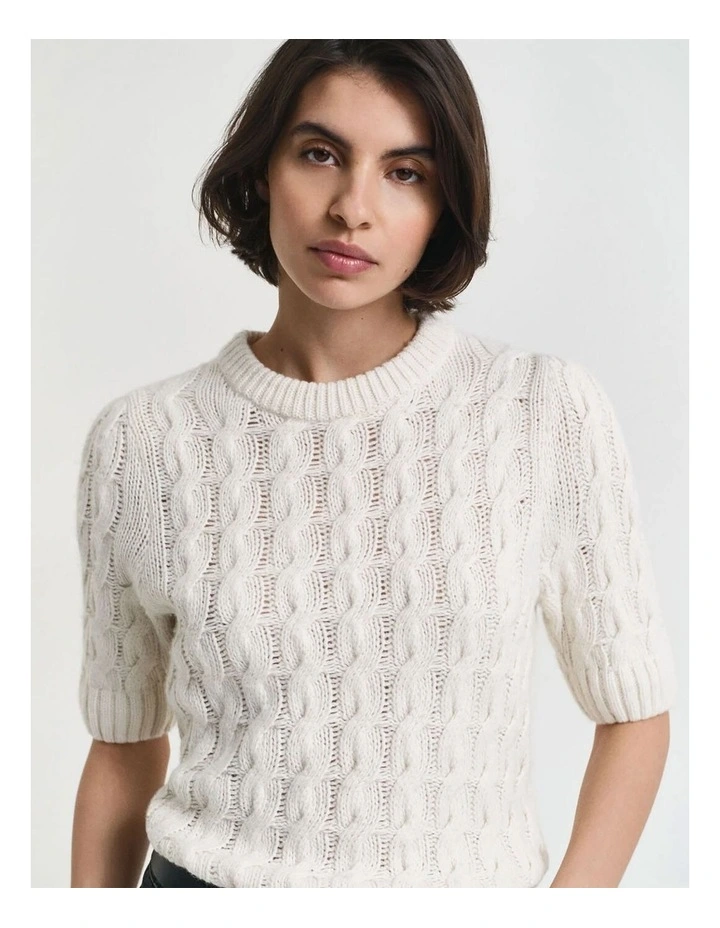 Puff Sleeve Cable Knit Short Sleeve Top in Cream image 3
