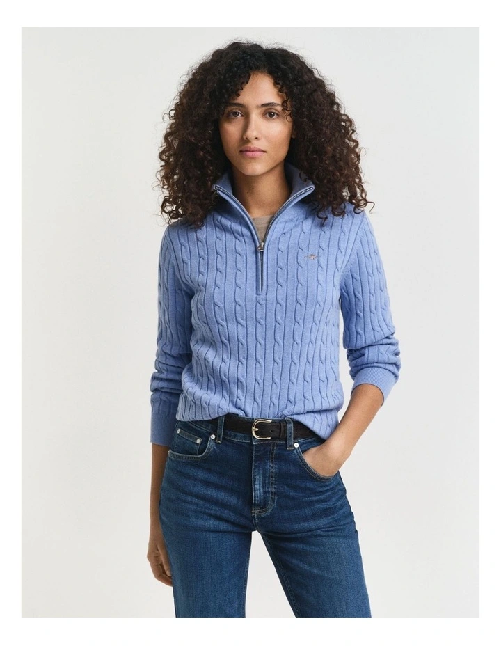 Stretch Cotton Cable Knit Half-Zip Knit in Clear Sky image 1