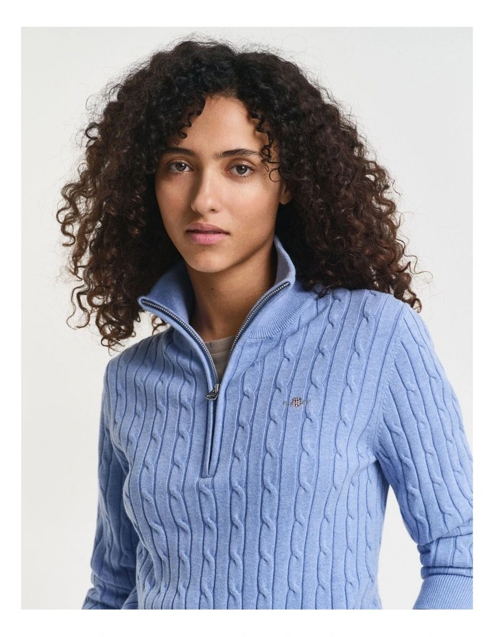 Stretch Cotton Cable Knit Half-Zip Knit in Clear Sky image 3