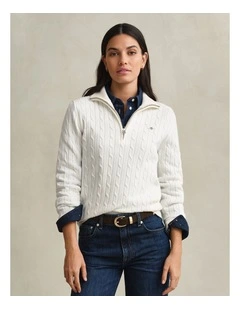 Stretch Cotton Cable Knit Half-Zip Knit Jumper in Eggshell