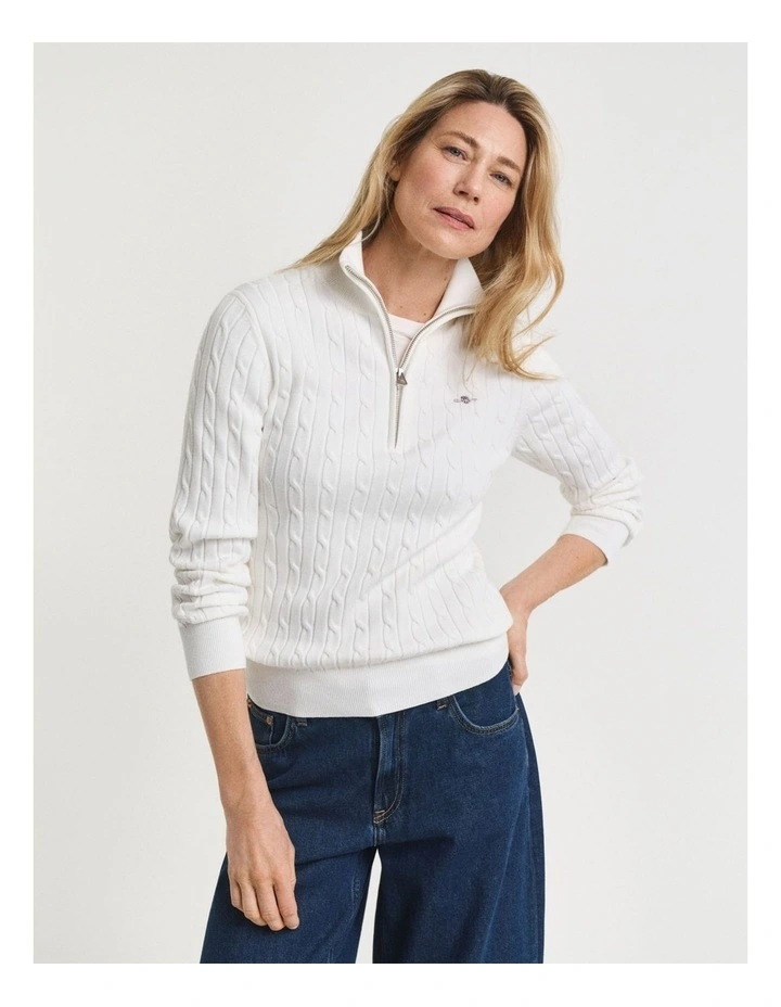 Stretch Cotton Cable Knit Half-Zip Knit Jumper in Eggshell image 1