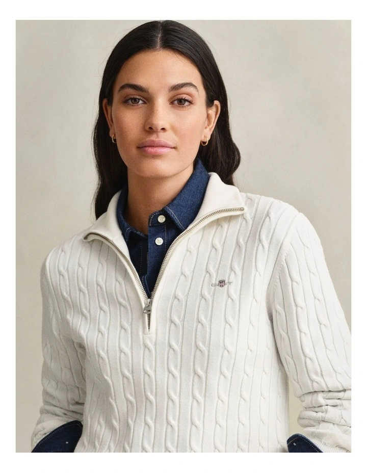 Stretch Cotton Cable Knit Half-Zip Knit Jumper in Eggshell image 3