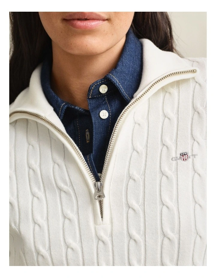 Stretch Cotton Cable Knit Half-Zip Knit Jumper in Eggshell image 4