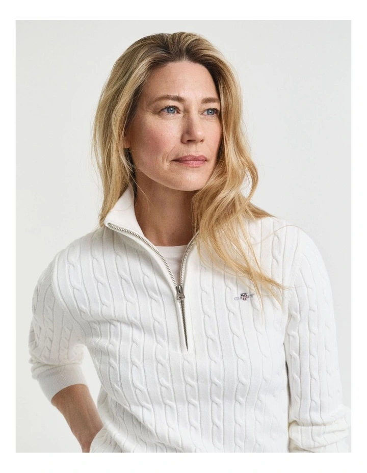 Stretch Cotton Cable Knit Half-Zip Knit Jumper in Eggshell image 4