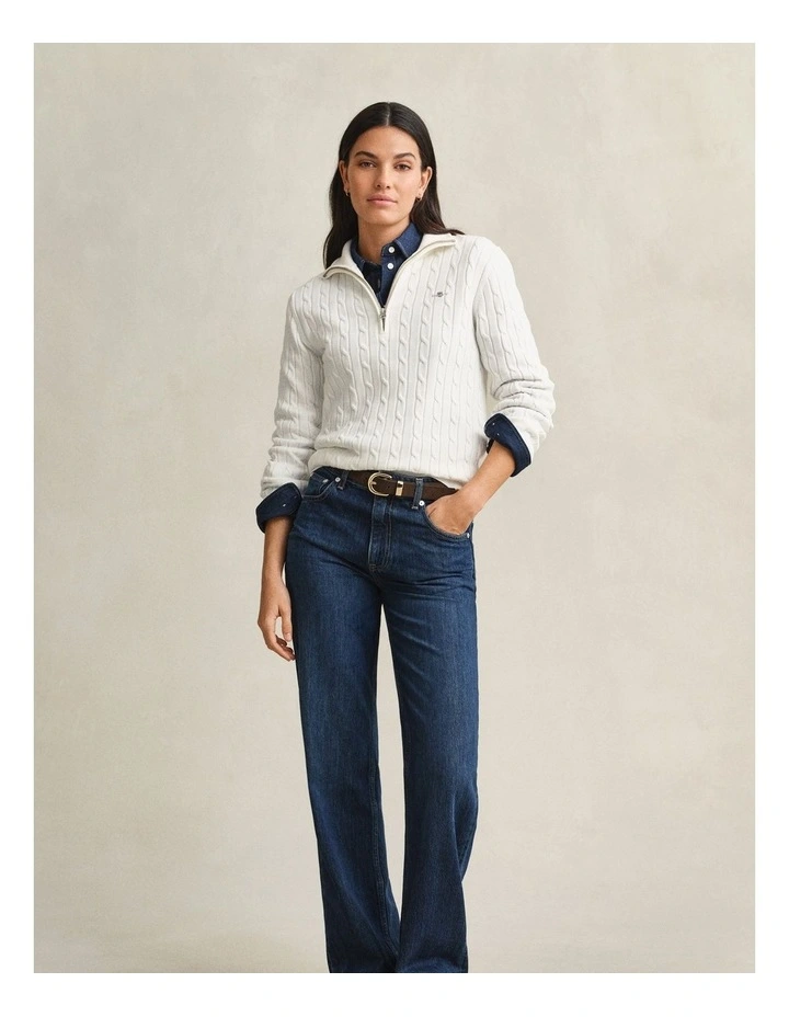 Stretch Cotton Cable Knit Half-Zip Knit Jumper in Eggshell image 5