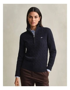Stretch Cotton Cable Knit Half-Zip Knit Sweater in Evening Blue