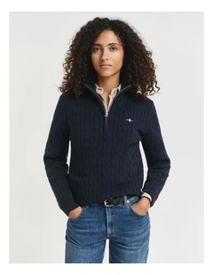 Stretch Cotton Cable Knit Half-Zip Knit Sweater in Evening Blue