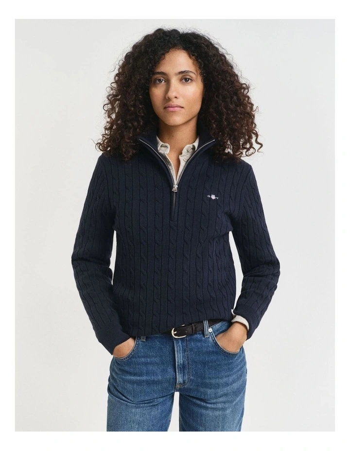 Stretch Cotton Cable Knit Half-Zip Knit Sweater in Evening Blue image 1