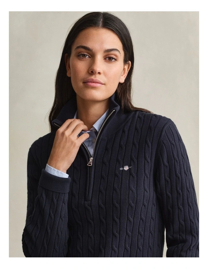 Stretch Cotton Cable Knit Half-Zip Knit Sweater in Evening Blue image 3