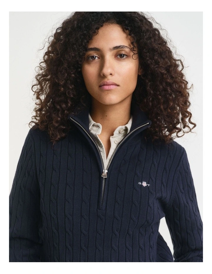 Stretch Cotton Cable Knit Half-Zip Knit Sweater in Evening Blue image 3