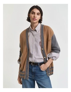 Varsity V-Neck Cardigan in Whiskey Brown