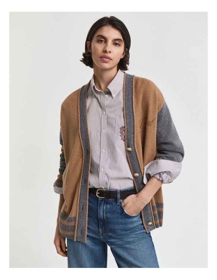 Varsity V-Neck Cardigan in Whiskey Brown image 1