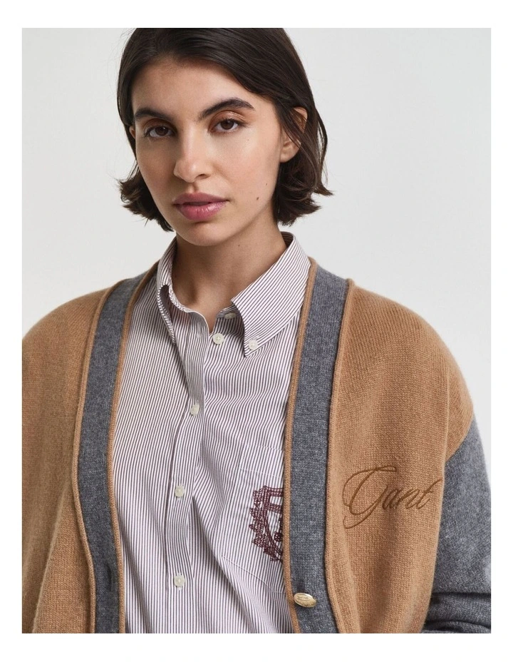 Varsity V-Neck Cardigan in Whiskey Brown image 3