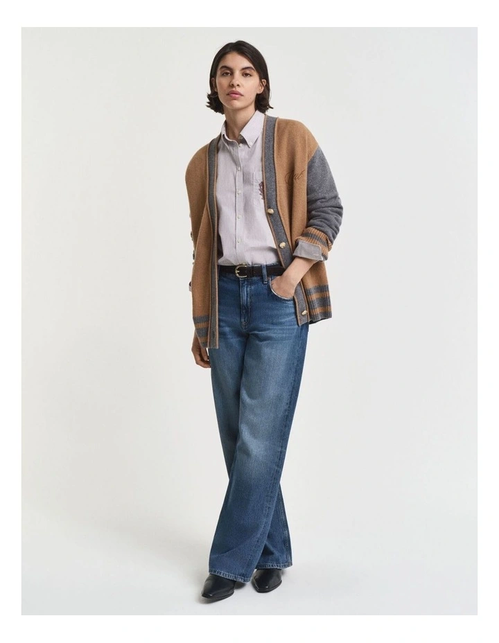 Varsity V-Neck Cardigan in Whiskey Brown image 4